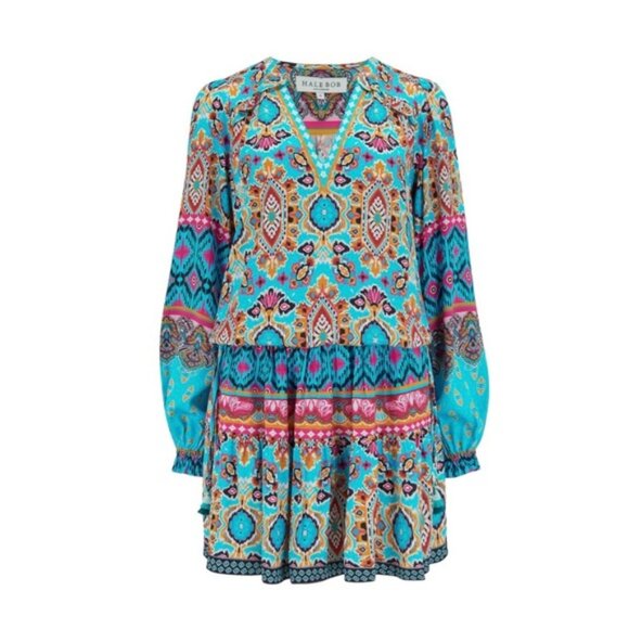 Hale Bob Dress Women's Size Extra‎ Small Turquoise Patterned Oona Long Sleeve - Picture 1 of 15